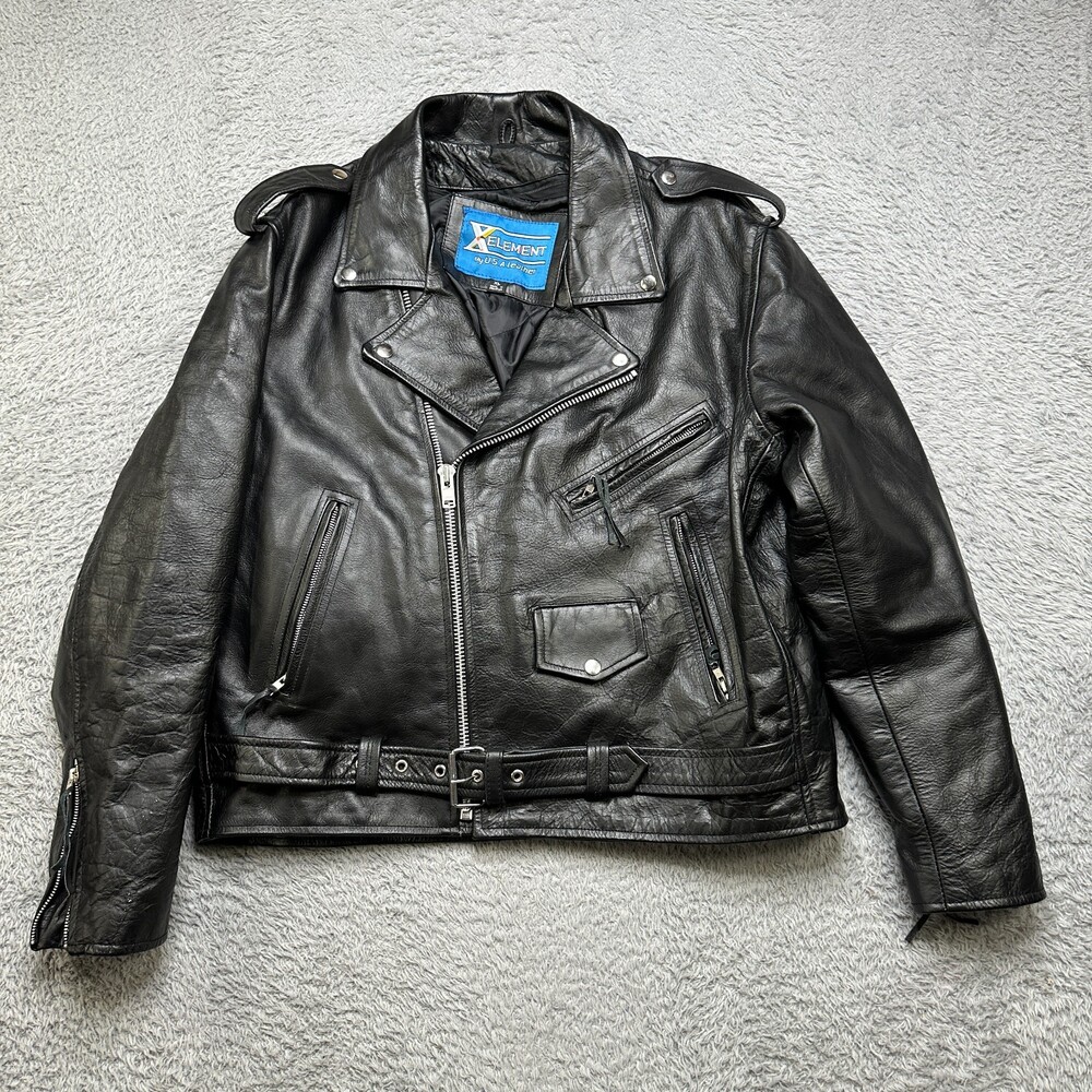 Vintage Xelement Classic Leather Motorcycle Jacket Mens XL Black